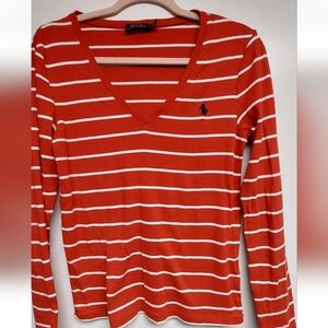 Ralph Lauren Red Striped V-Neck Top